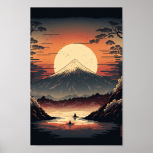 Poster Montanha japonesa, lago e pescadores Ukiyo e