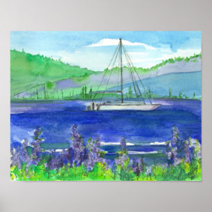 Poster Montanha Lago Catamaran — Pintura de Aquarela