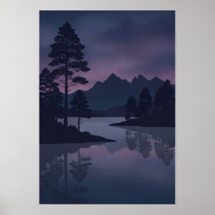 Poster Montanha Lago Silhueta Pinheiro Crepúsculo Roxo