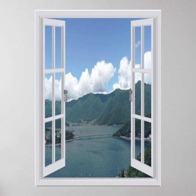 Póster Montanha Lago Trompe l'oeil Faux Window (Frente)