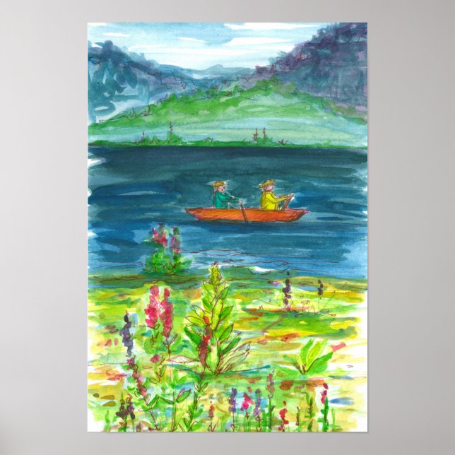 Poster Montanha Lake Kayak Watercolor Painting (Frente)