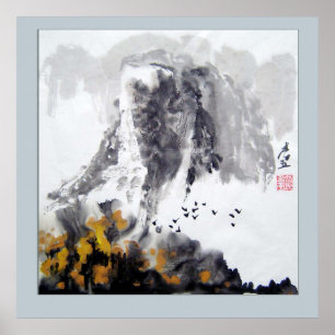 Póster Montanha, madeiras e flores - arte chinesa