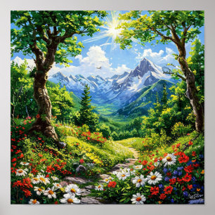 Poster Montanha na floresta com flores e árvores