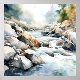 Poster Montanha River Alaska Watercolor Painting