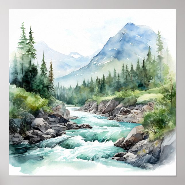 Poster Montanha River Alaska Watercolor Painting (Frente)