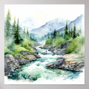 Poster Montanha River Alaska Watercolor Painting