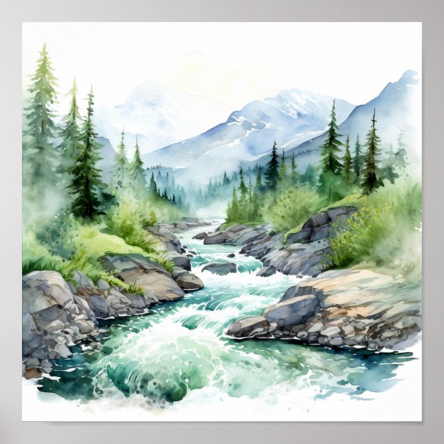 Poster Montanha River Alaska Watercolor Painting (Frente)