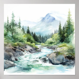 Poster Montanha River Alaska Watercolor Painting