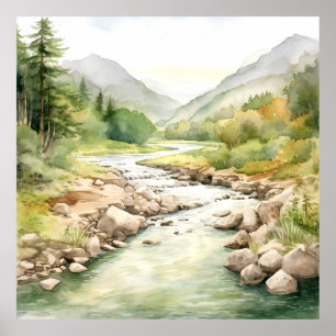 Poster Montanha River Alaska Watercolor Painting