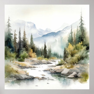 Poster Montanha River Alaska Watercolor Painting