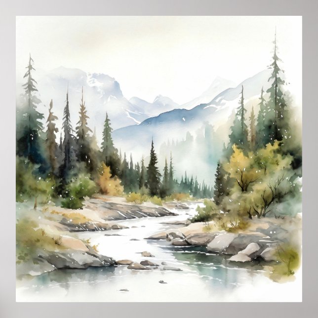 Poster Montanha River Alaska Watercolor Painting (Frente)