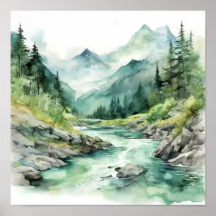 Poster Montanha River Alaska Watercolor Painting