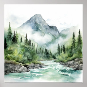 Poster Montanha River Alaska Watercolor Painting