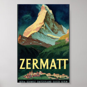 Poster Montanha Zermatt, Suiça, Vintage, Anúncio