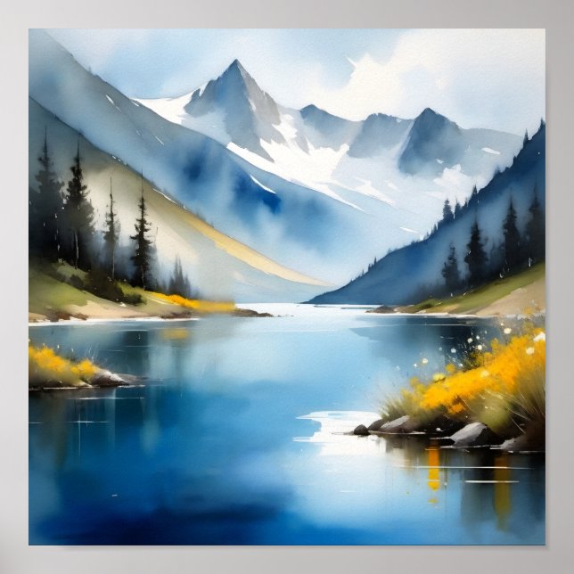 Poster Montanhas com capa de neve e um lago (Frente)