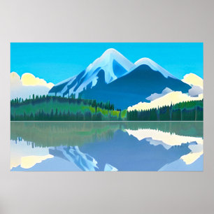Poster Montanhas com capa de neve refletidas em um lago
