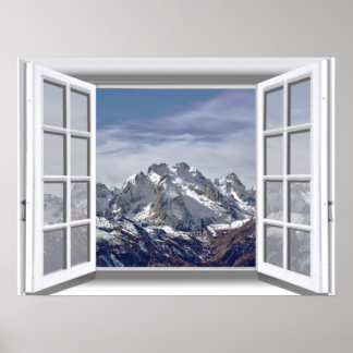 Póster Montanhas com Capas de Neve Falso Janela 3D
