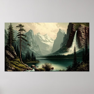 Poster Montanhas de Arte Fina Paisagem Vintage Lago Scens