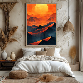 Poster Montanhas de Pôr do Sol Ardente em Laranja Monocro