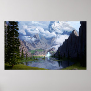 Poster Montanhas do lago cascata digital arte 3D ilustrad