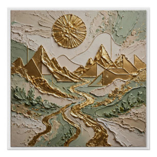 Póster Montanhas Douradas Rio Dourado Arte 3D