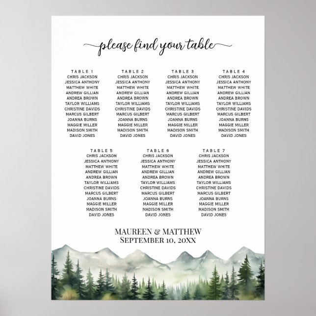 Poster Montanhas e Pinheiros 7 Mesas Assentos Casamento (Frente)