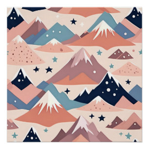 Póster Montanhas nevadas fofas e estrelas padrão rosa