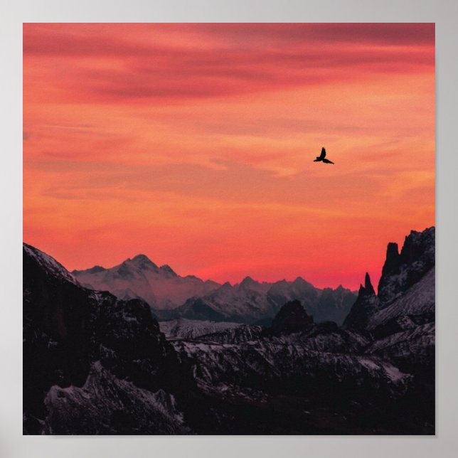 Poster Montanhas Orange Sunset Bird, no céu (Frente)