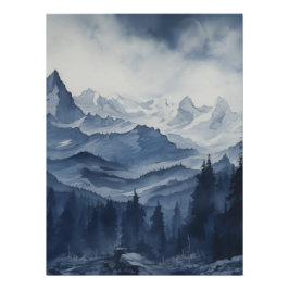 Póster Montanhas robustas e pinos em aquarela Blues