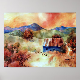 Poster Montanhas Rochosas Fazenda de Aquarela