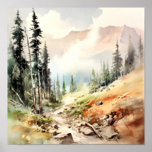 Poster Montanhas Rochosas pintando Floresta de Pinheiro E