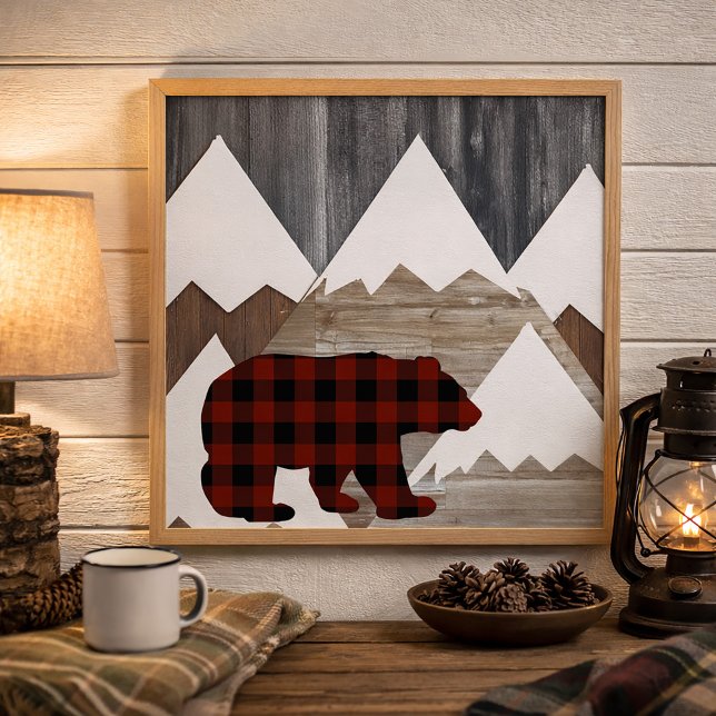Póster Montanhas Rústicas Xadrez Búfalo Urso da Floresta (Rustic buffalo plaid bear and mountains wall art)
