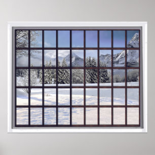 Poster Montanhas Snowy Faux Janela de Cena de Inverno