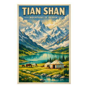 Póster Montanhas Tian Shan, China, em um clássico retrô