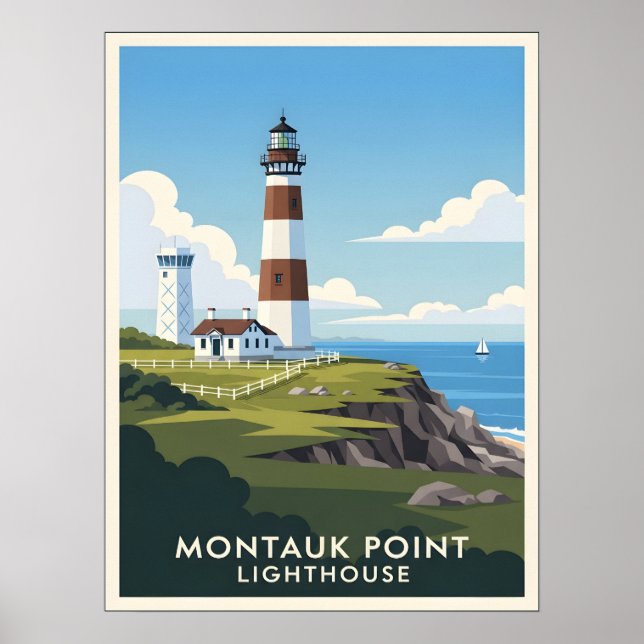 Poster Montauk Point Lighthouse, Coastal Cliff & Sailboat (Frente)