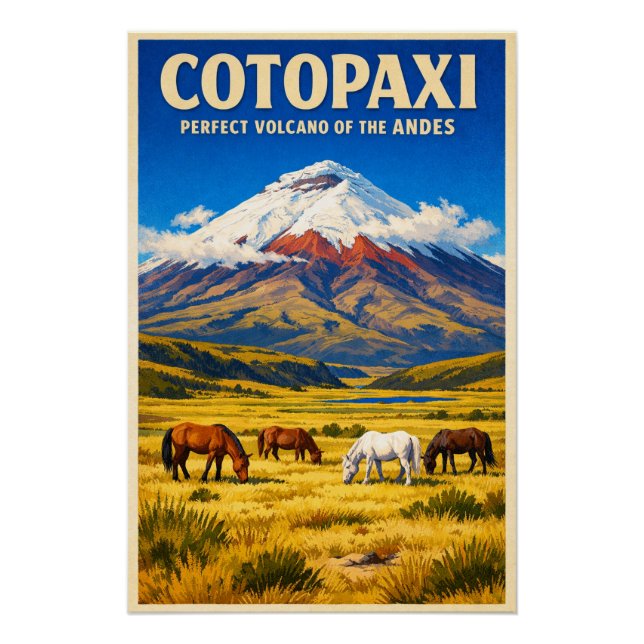 Póster Monte Cotopaxi, Equador, em um estilo retrô (Frente)