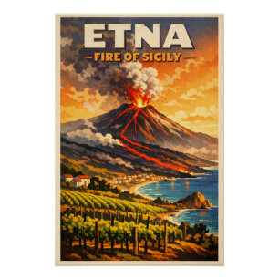 Póster Monte Etna, Itália, em um clássico retrô