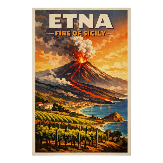 Póster Monte Etna, Itália, em um clássico retrô (Frente)