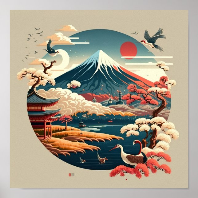 Poster Monte Fuji com paisagem japonesa em estilo antigo. (Frente)