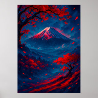 Poster Monte Fuji com Red Blossoms Fantasy Japonês