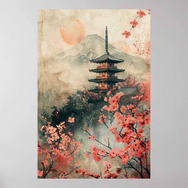 Poster Monte Fuji e Pagode – Paisagem Clássica Japonesa (Frente)