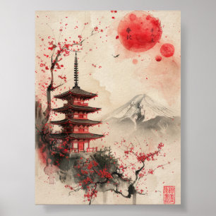 Poster Monte Fuji e Pagode – Paisagem Japonesa Clássica