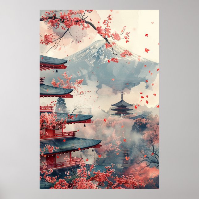 Poster Monte Fuji e Pagode – Paisagem Japonesa Clássica (Frente)