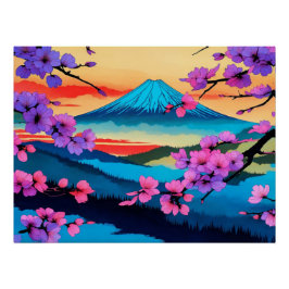 Póster Monte Fuji e Sakura Blossom Arte Cênica