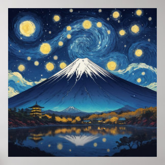 Poster monte fuji em noite estrelada