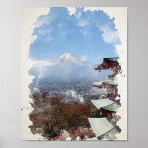Poster Monte Fuji Japan Watercolor Art