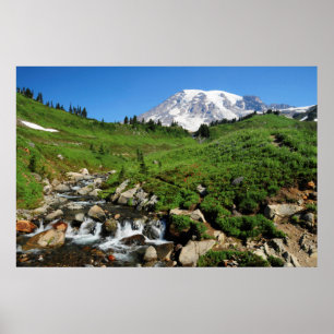 Poster Monte Rainier, cachoeira, coberto de neve