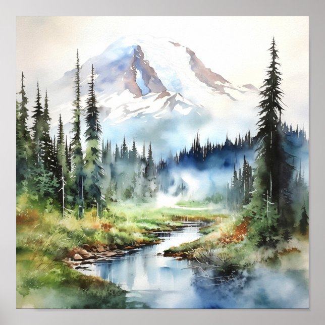 Poster Monte Rainier National Park Watercolor (Frente)