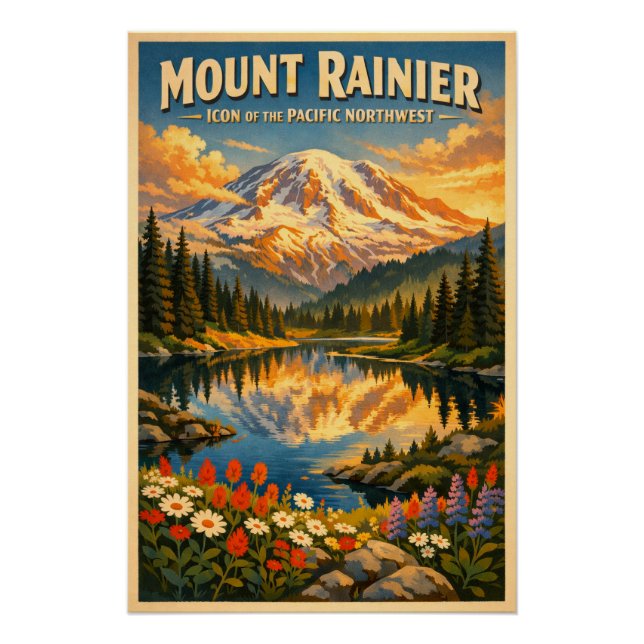 Póster Monte Rainier, Washington, EUA, em um clássico ret (Frente)