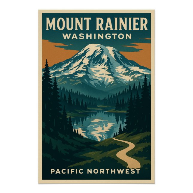 Póster Monte Rainier, Washington viagem  (Frente)